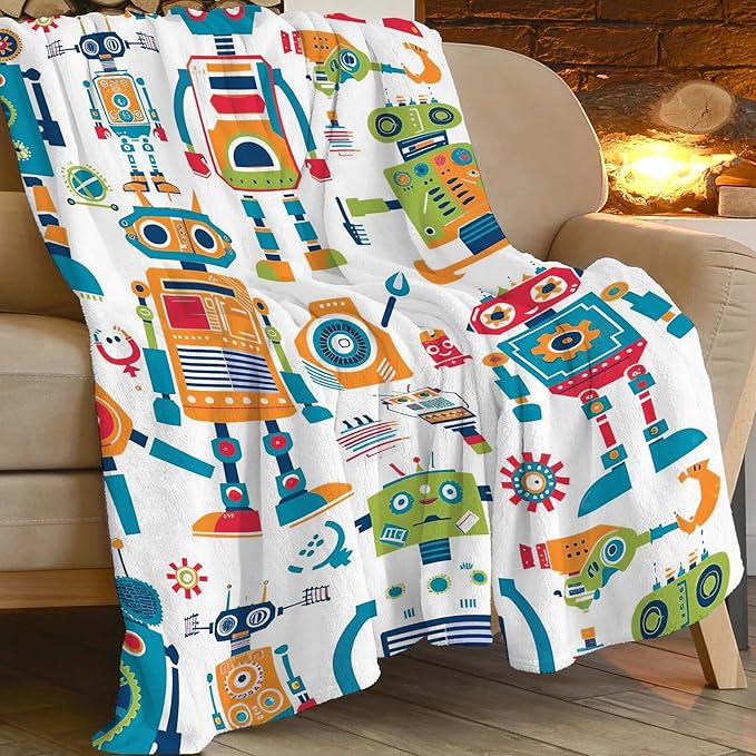 Robot Throw Blanket Cartoon Robot Machine Gifts for Kids Teens Girls Boys Adults Soft Cozy Warm Plush Fluffy Fuzzy Fleece Blanket Birthday Festival Decor 40''X50''