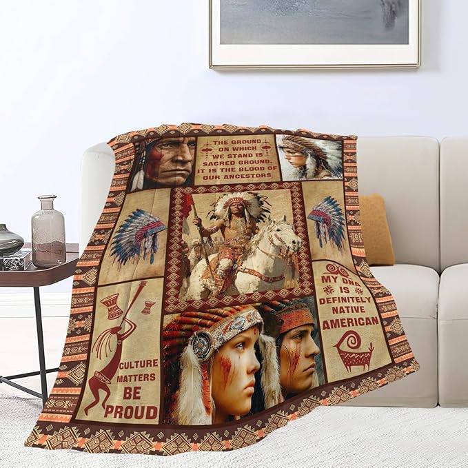 Native American Throw Blanket Indian Southwest Native American Cacique Stuff Gifts for Adults Women Men Soft Cozy Warm Plush Fluffy Fuzzy Fleece Blanket Decor 50''X60''