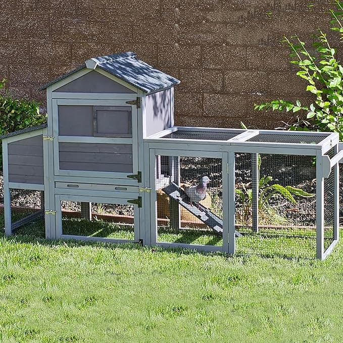GUTINNEEN Mobile Chicken Coop with Wheels for 2-4 Chickens, Expandable Wooden Hen House with Divided Nesting Box, Reinforced Coop Balcony, Roosting Perch, Metal Pull-Out Tray, 82.4" L (Brown)