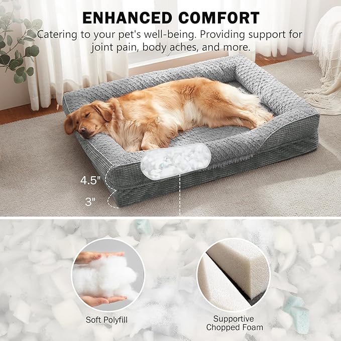 INVENHO Orthopedic Dog Beds Large Sized, XL Washable Egg-Crate Memory Foam Dog Couch Bed with Washable Removable Cover, Waterproof Lining and Nonskid Bottom
