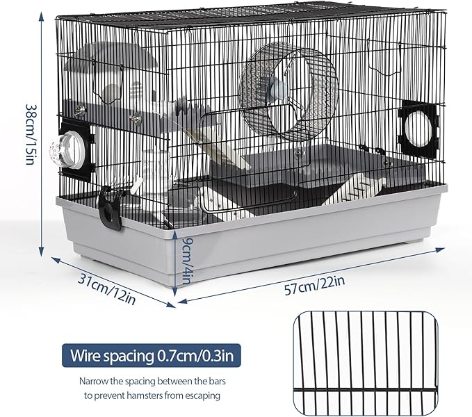Multilevel Hamster Cage Starter Kit 22″Lx12″Wx15″H for Single Hamster Under 5″ in Body Length with Platforms, Exercise Wheel, Hide-House, Water Bottle, Bathtub, Food Bowl, Ladder, Tube Ports