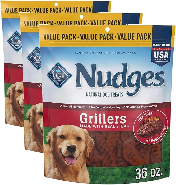 Blue Buffalo Nudges Grillers Natural Dog Treats with Real USA Beef, Made in the USA, Steak, 36-oz Bag (Pack of 3)