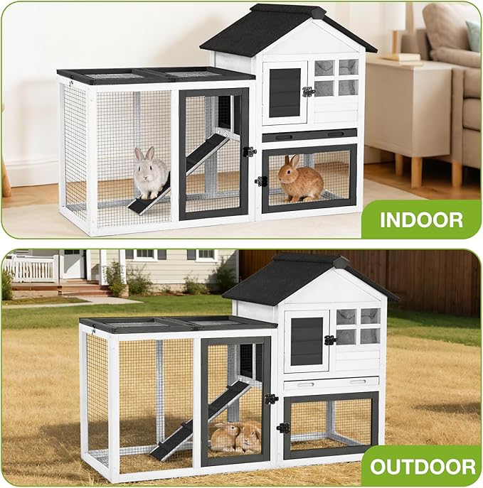Rabbit Hutch Indoor or Outdoor, Wooden Bunny Cage with Chew-Proof Ramp, Mobile Rabbit House with Wheels, Guinea Pig Cages with Leakproof Tray and Waterproof Roof (White)