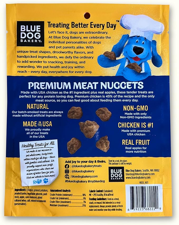 Blue Dog Bakery Protein Nuggets Snack | Small, Soft & Chewy Chicken & Apple Flavor | Natural Healthy Dog Treats, 6 oz (Pack of 8)