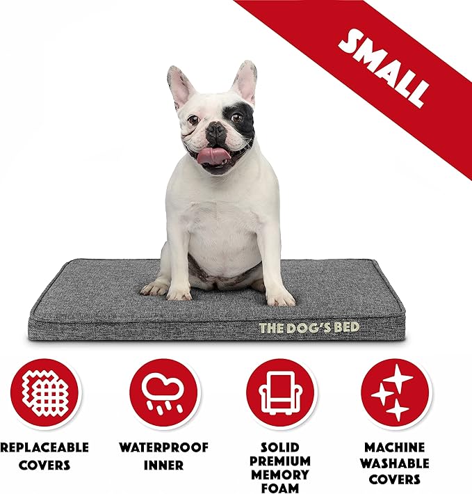 The Dog’s Bed Orthopedic Memory Foam Dog Bed for Small Dogs, Waterproof Washable Cover, Anti-Slip Base, Calming Surface – CertiPUR-Certified Foam, Grey Linen, 2 Inch Thick