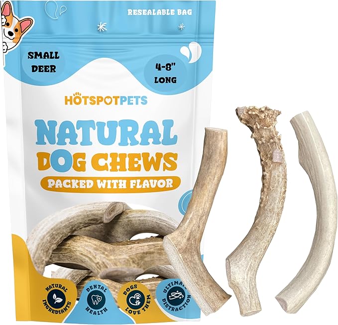 hotspot pets Small Premium Deer Antler for Dogs (3 Pack) - 4-7 Inch Long Lasting Antler Dog Chews Naturally Shed Deer Antlers Bone for Small & Medium Breed Aggressive Chewers - Sourced in USA