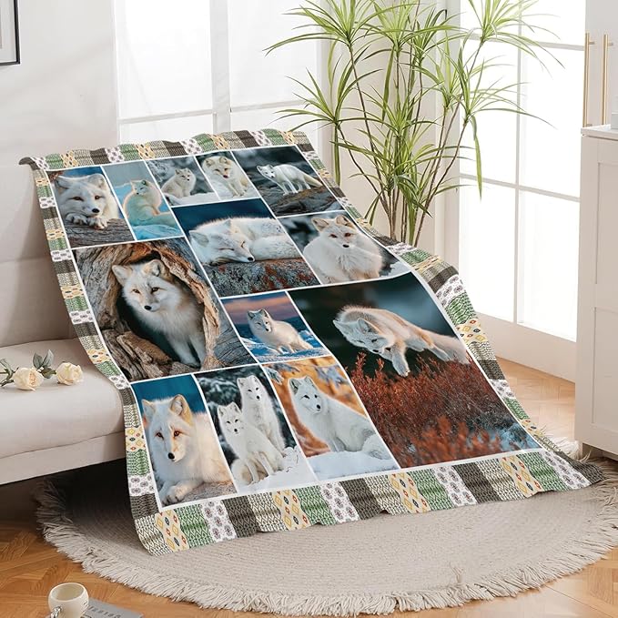Fox Throw Blanket White Fox Stuff Gifts for Kids Girls Boys Adults Women Men Soft Cozy Warm Plush Fluffy Fuzzy Fleece Blanket Decor 60''X80''
