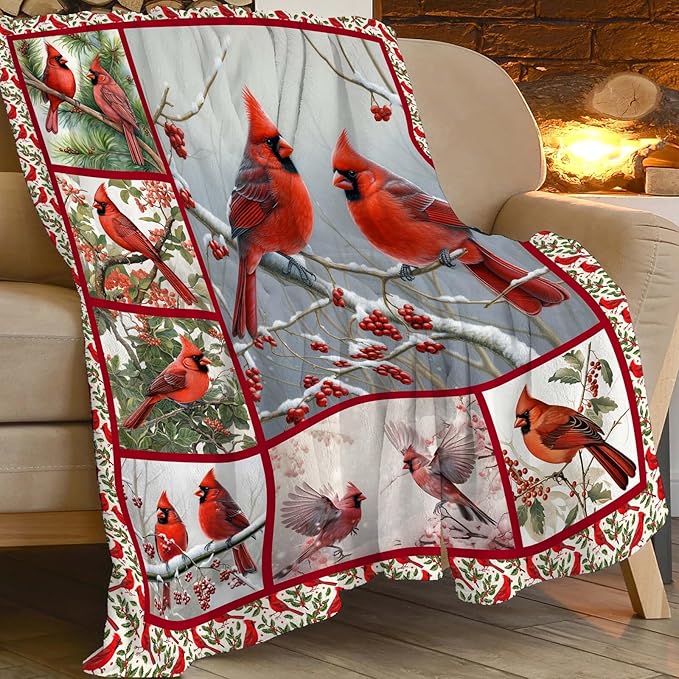 Cardinal Blanket Red Bird Throw Blanket Gifts for Women Men Boys Girls Kids Adults Super Soft Cozy Plush Fluffy Fuzzy Fleece Blanket Home Decor 60''X80''