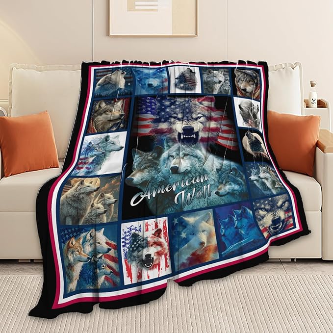 Wolf Throw Blanket American Flag Wolf Stuff Gifts for Kids Girls Boys Adults Women Men Soft Cozy Warm Plush Fluffy Fuzzy Fleece Blanket Decor 60''X80''