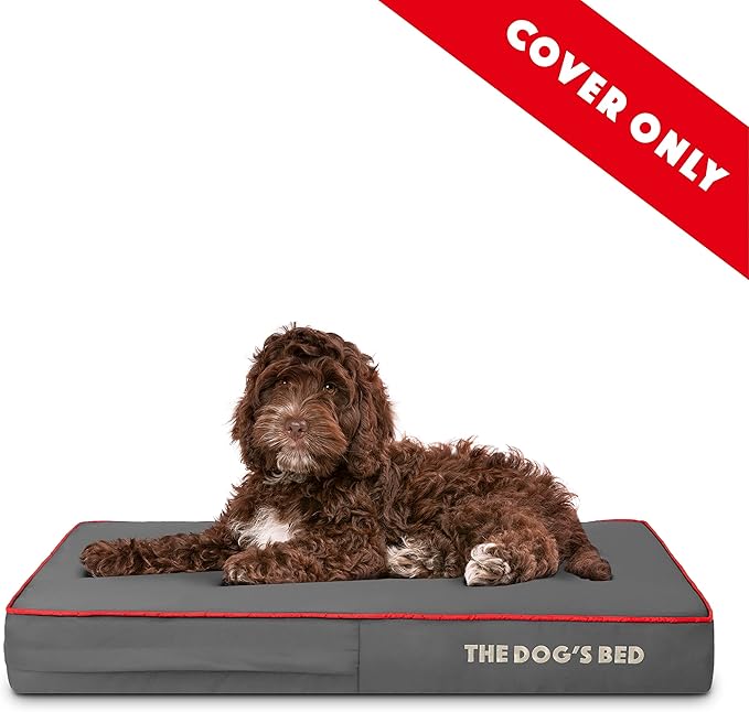The Dog’s Bed Replacement Outer Cover, Oxford Fabric, Grey with Red Trim, Medium, 4-Inch