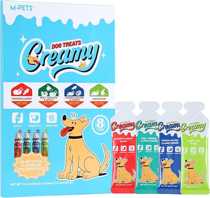 M-PETS Variety Pack Lickable Dog Treats,4 Flavors Soft Healthy Dog Snacks in Squeeze Tubes for Puppies & Seniors,Reward Training or Food Topper,Low-Calorie Puree for Joint & Digestive Support – 8 Pack