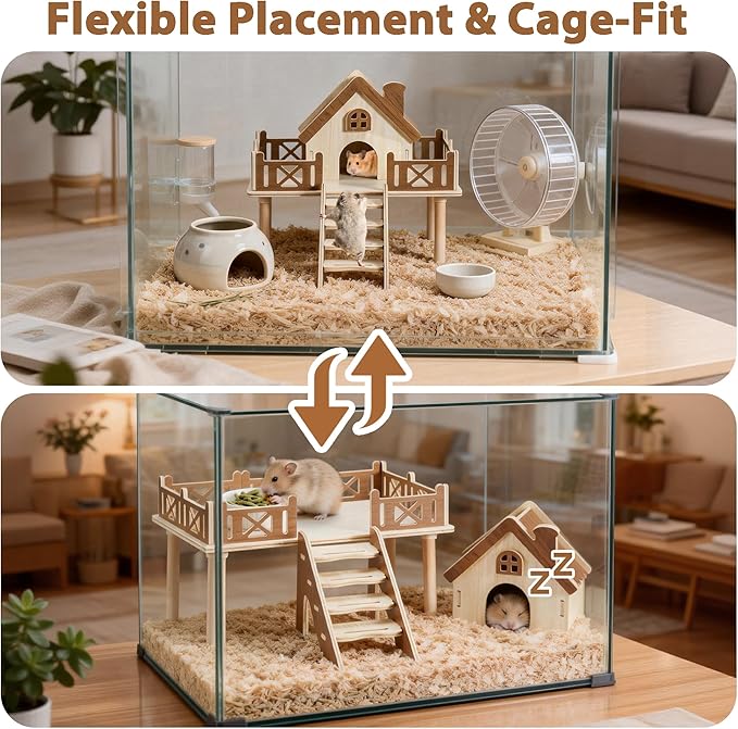 Wooden Hamster Platform and Dwarf Hamster House, Hamster Cage Platform With Climbing Ladder, Cute Syrian Hamster Hideout, Hamster Cage Accessories Platform for Putting Food Bowl, Hamster Gerbil Castle