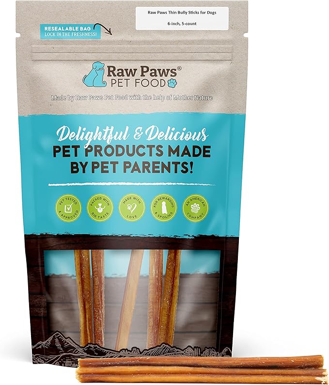 Raw Paws Thin Bully Sticks for Small Dogs, 6-Inch (5-Count) - Low Odor Bully Chews for Puppies - Free-Range Pizzle Sticks for Dogs - Single Ingredient Dog Chews - Rawhide Alternative - Long Lasting