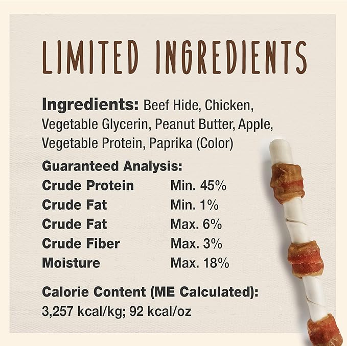 Cadet Chef's Specialties Natural Rawhide Shish Kabob Chew Sticks, Apple Peanut Butter Flavor, Healthy Dog Treats for Large Breeds, 3 Count