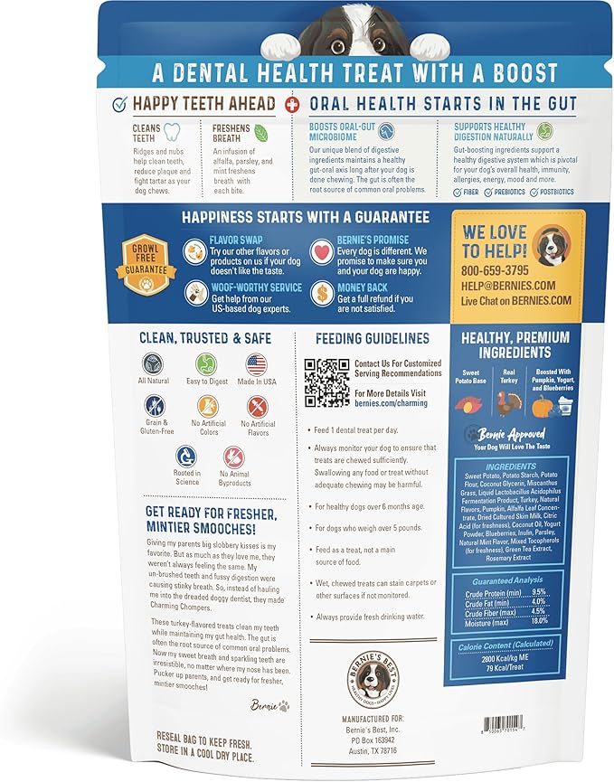 Bernie's Charming Chompers - Daily Dental Chews for Dogs 26-50 Lbs. - 18 Count - Cleans Teeth, Freshens Breath, + Boosts Oral-Gut Microbiome. Easy to Digest, Supports Healthy Digestion Naturally