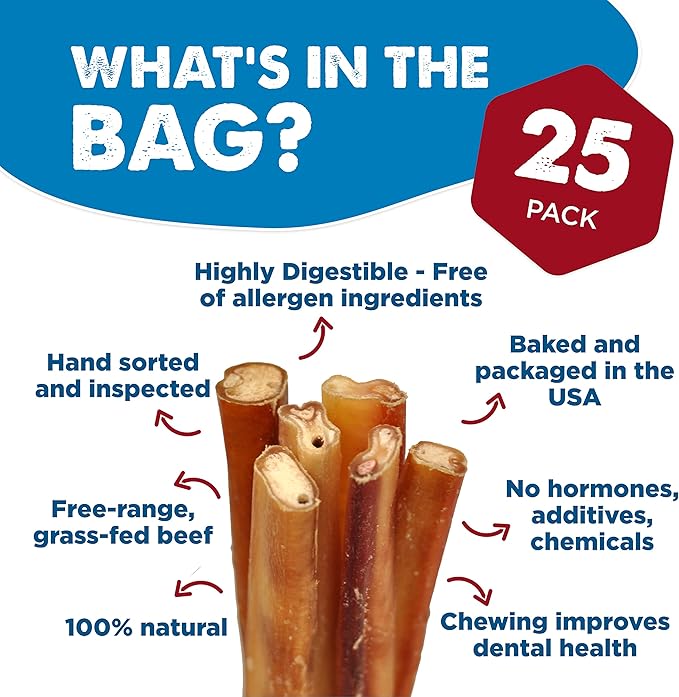 Best Bully Sticks 6 Inch Jumbo Bully Sticks - 25 Count (Pack of 1) - Natural Grass-Fed Beef, Single Ingredient, Grain and Rawhide Free, Ideal for Large Canines