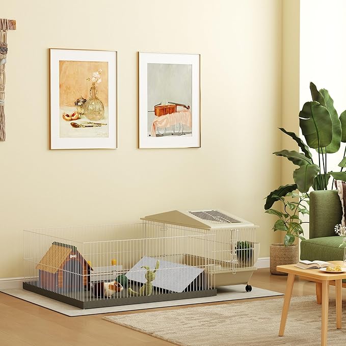 PawHut Small Animal Cage, Guinea Pig Cage with Removable Pet Playpen, Waterproof Pad, Food Dish, Water Bottle, Hay Feeder, Soft-Covered Ramp, Wheels, Hideaway, Balcony, for Hedgehog, Guinea Pig