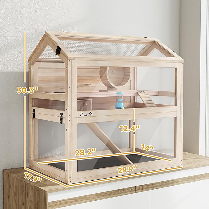 PawHut Wooden Hamster Cage, 3-Tier Small Animal Cage with Hut, Seesaw, Ramps, Exercise Wheel, Acrylic Panel and Bottom Tray, Dwarf Hamster Habitat for Small Geibil, Mice, 30" x 18" x 30"