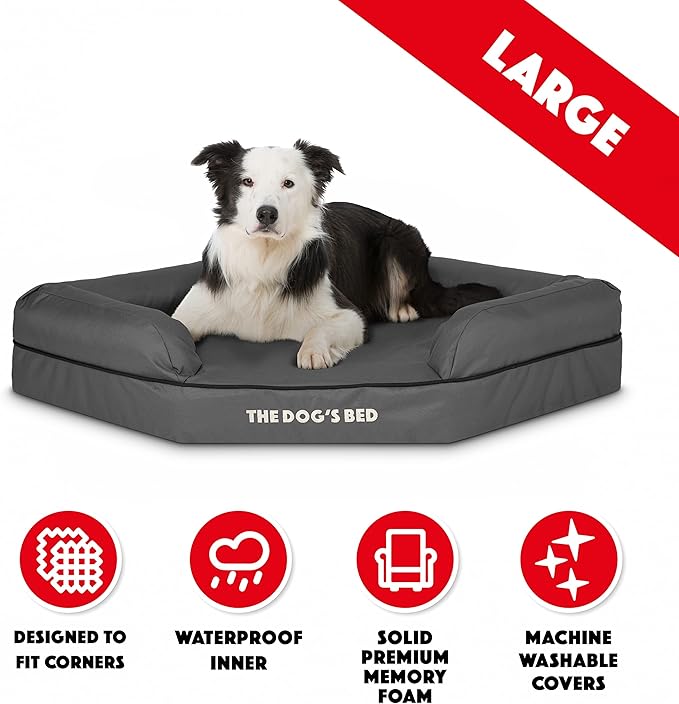 The Dog’s Bed Orthopedic Memory Foam Corner Dog Bed, Calming Surface – CertiPUR-Certified Foam, Oxford Fabric, Grey with Black Trim, Large
