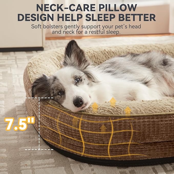 JOEJOY Orthopedic Dog Bed for Large Dogs, Egg-Crate Memory Foam Pet Bed with Bolster Sides, Waterproof Lining, Removable Washable Cover & Non-Slip Bottom, Brown
