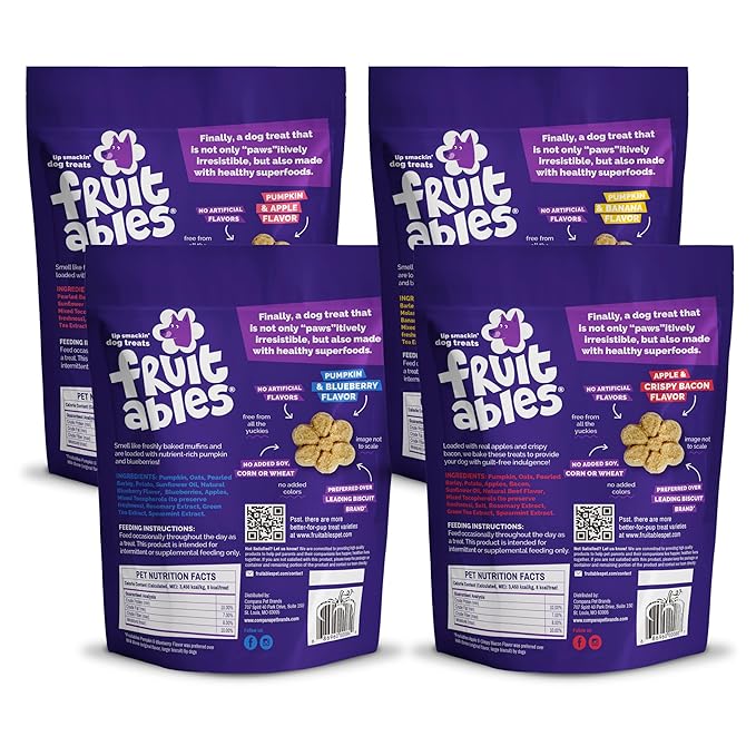 Fruitables Crunchy Dog Treats, (4) 12oz bag Variety Pack (Apple/Bacon, Pumpkin/Blueberry, Pumpkin/Banana, and Pumpkin/Apple)