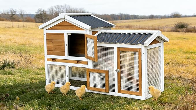 Outdoor Wooden Rabbit Hutch with Waterproof PVC Roof - Includes Staircase, Easy-Clean Tray, Secure Fence Design, Superior Ventilation, and Triple Lockable Access Doors（41314）