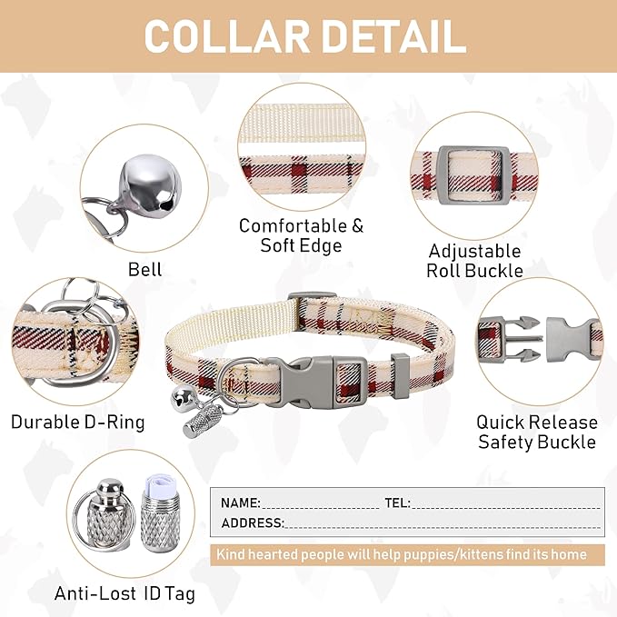 GAMUDA Small Dog Harness Collar and Leash Set, Step in No Chock No Pull Soft Mesh Adjustable Dog Vest Harnesses Plaid Reflective for Dogs Puppy Cats Kitten Rabbit (Warm Beige, XL)