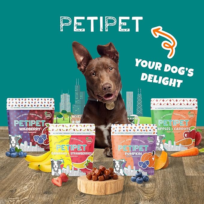 PETIPET Wildberry Plant-Based Fruit Dog Treats - Strawberry, Apple, Blueberry Soft & Chewy - Vegetarian, Vegan Dog Treats with Organic Ingredients - Low-Protein, Hypoallergenic, Gluten-Free