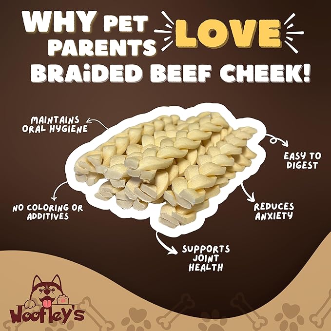 Woofley's 6" Buffalo Beef Cheek Braids Regular - (100 Count)- Beef Cheek Dog Chews - No Hide Bones for Dogs