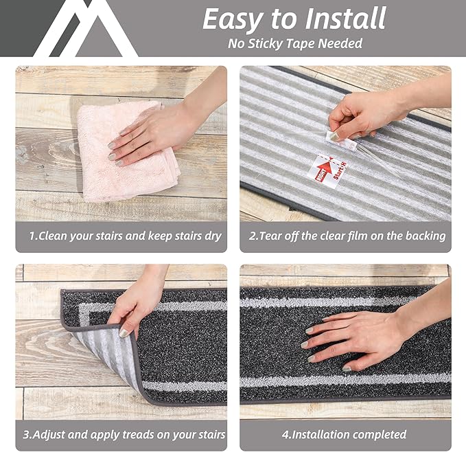 COSY HOMEER Soft Stair Treads Non-Slip Carpet Mat 28inX9in Indoor Stair Runners for Wooden Steps,Stair Rugs for Kids and Dogs, 100% Polyester TPE Backing 10pcs,Black