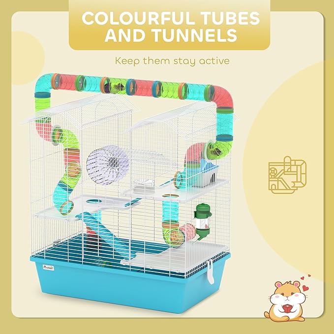 PawHut 4 Tier Hamster Cage, Large Twin Tower Design Gebril Cage with Exercise Wheel, Tubes, Hut, Ramps, Food Dish, Water Bottle, 22.8" x 14.2" x 25.6", Light Blue