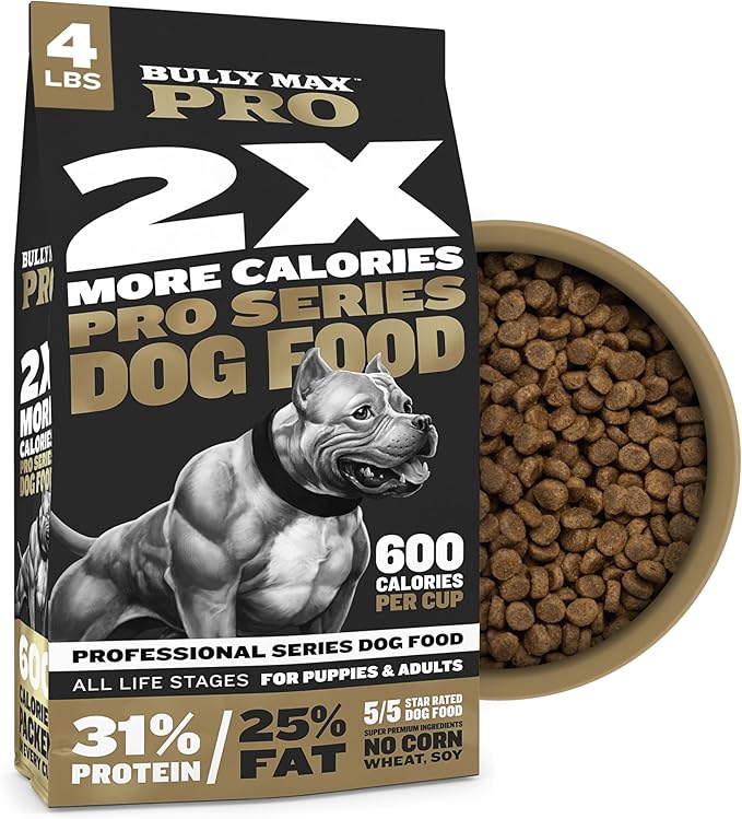 Bully Max Pro 2X High Calorie & High Protein Dry Dog Food for Puppy & Adult Dogs - Healthy Weight Gain & Muscle Building for Small & Large Breeds - Slow-Cooked, 600 Calories/Cup, Chicken Flavor, 4lb.
