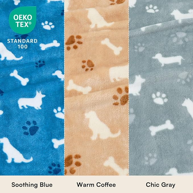 Luciphia 1 Pack 3 Dog Printed Fleece Pet Blankets Washable，Soft Warm Throw Covers for Crate Couch Bed，Cozy Puppy Essentials for Dogs and Cats， Blue/Grey/Khaki, Small (23x16 inch)