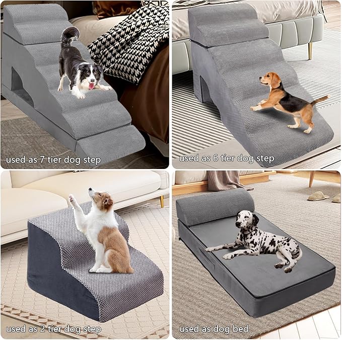 33" H Dog Stairs for High Beds 20-42 Inch Couch Bed, 7-Step Pet Stairs for Small Old Medium Large Dogs, Extra Wide Dog Ramp with Machine Washable Cover Indoor, 33D Foam Balanced 7-Tier Ladder for Bed