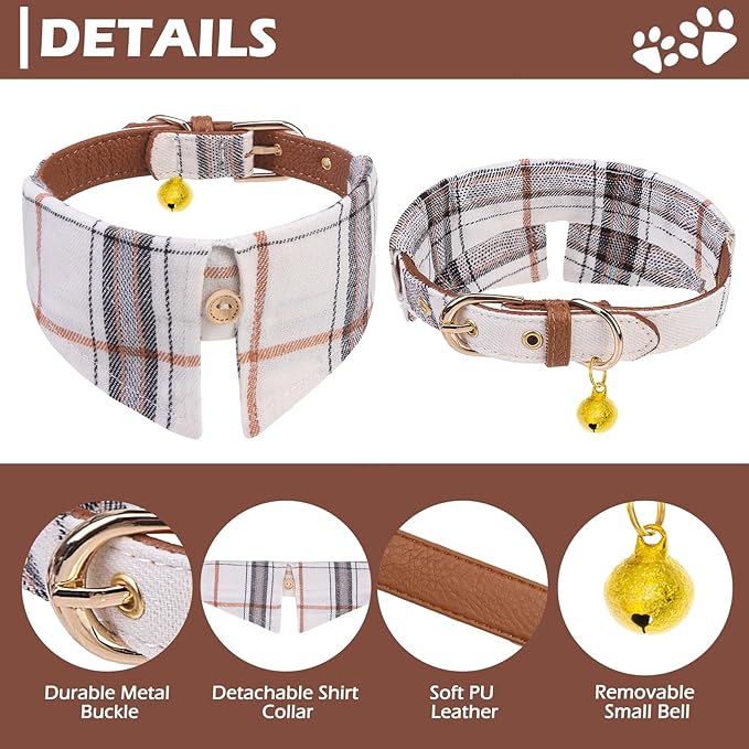EXPAWLORER Dog Collar and Leash Set - Embroidery Pawprints Plaid Dog Leash and Collars, Cute Bandana and Detachable Collar, Suitable for Small Medium Dogs Girl Boy, Cream S-M