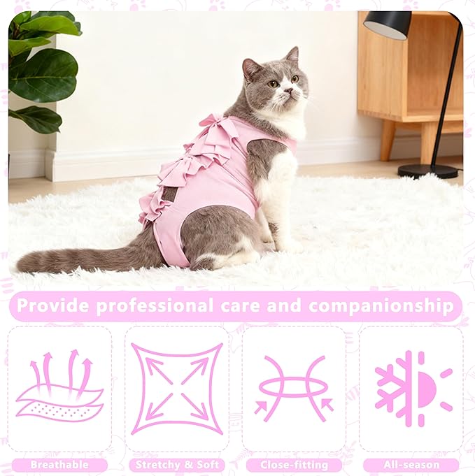 Cat Recovery Suit Anti Licking, Cats Surgery Recovery Suit Female Kitten Onesie After Spay, Cone of Shame Alternative, Post-Surgery Kitten Surgical Clothes for Abdominal Wounds(Kont Pink,S)