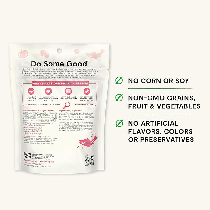Open Farm Better Biscuits, Oven Baked Dog Treats with Probiotics, Wild-Caught Salmon & Oatmeal Recipe, 8oz Pouch