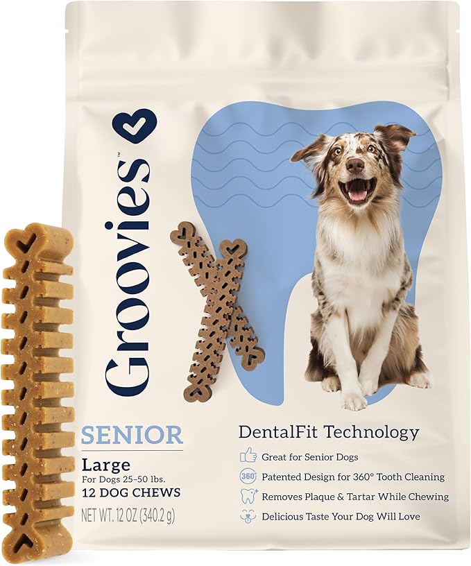 Groovies Senior Large Dog Dental Chews for Dogs, Patented DentalFit Technology for Plaque & Tartar Support, Flexible Texture for Easy Chewing, Chicken Flavor, USA Manufactured, 25–50 lb Dogs,12 Count