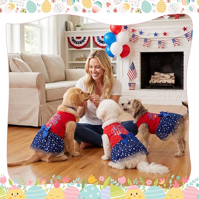 Abbylike 3 Pcs Seasonal Dog Outfits Easter Summer 4th of July Pet Costume Cotton Holiday Puppy Dress Lightweight Pet Apparel with Bowknot for Large Medium Dog Clothing, Small