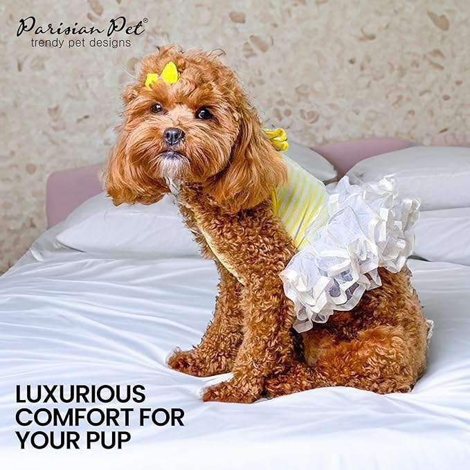 Parisian Pet Ballerina Dog Dress - Summer Clothes for Large Dogs - Comfortable Striped Yellow Pet Dress - Dog Wedding Outfit - Lightweight Puppy Clothes Girl - Designer Dresses for Dogs