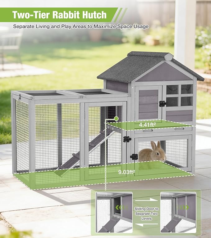 GUTINNEEN Rabbit Hutch Outdoor Rabbit Cage Indoor 51.6" L Waterproof Bunny Cage with Chew-Proof Ramp and Lockable Doors for Indoor Outdoor Use Grey