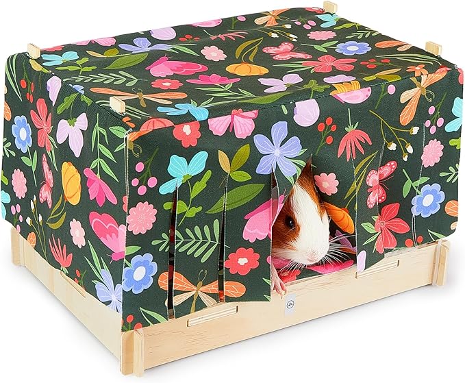 Glittme Guinea Pig Hideout, Wooden Guinea Pig Bed with Waterproof Mat, Durable Rabbit Bed with Door Curtain for Guinea Pig, Rabbit, Ferret, Squirrel, Bunny