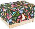 Glittme Guinea Pig Hideout, Wooden Guinea Pig Bed with Waterproof Mat, Durable Rabbit Bed with Door Curtain for Guinea Pig, Rabbit, Ferret, Squirrel, Bunny