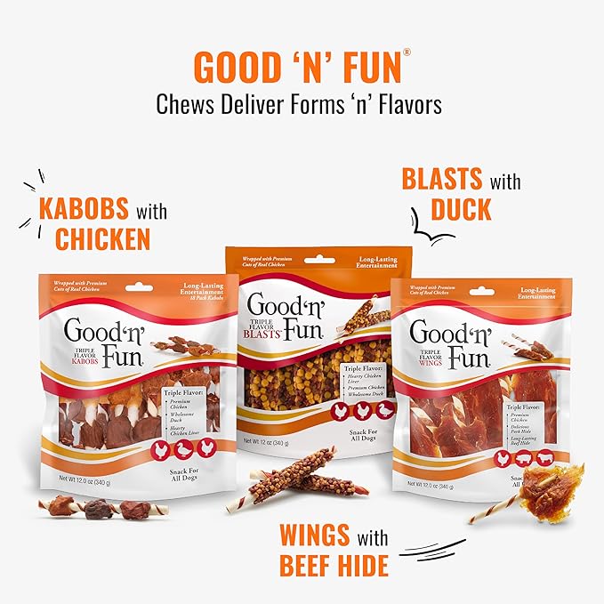 Good ‘n’ Fun Triple Flavor 8-Inch Bone for All Dogs, 1 Count, Treat Your Dog to Long-Lasting Chews Made with Beef Hide, Chicken and Artificial Pork Flavor