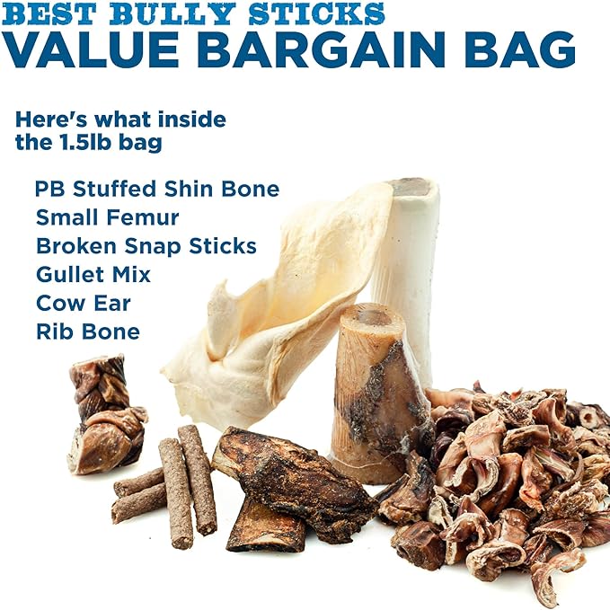 Mixed Morsels Bargain Bag - 1.5 lb (Pack of 1) - Assorted Natural Treats, Rawhide-Free Variety: Stuffed Shin Bone, Small Femur, Broken Snap Sticks, Gullet Mix, Cow Ear, Rib