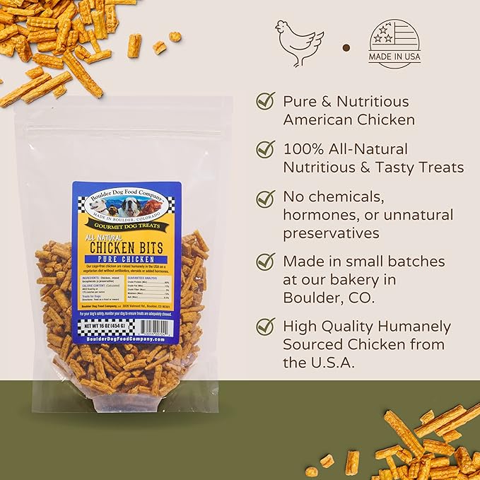 Chicken Bits Grain Free Natural Dog Treats for Small to Large Breed - Low Calorie for Training - High Value, Human Grade Meat, Healthy Dog Treats for Medium & Large Dogs (8oz)