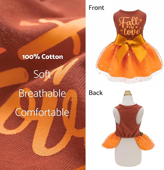 Fitwarm Thanksgiving Fall in Love Dog Dress, Sparkly Dog Clothes for Small Dogs Girl, Holiday Pet Tutu Dress, Cat Outfit, Brown, Orange, XXS