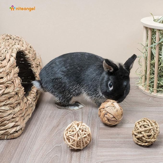 Natural Bunny Chew Toys Funny Safe Hay Grass Ball for Chinchilla Guinea Pig Rats Rabbits Hamster Gerbil Degu (3PC)