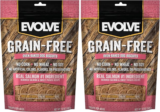 Evolve Pet Food Grain Free Deboned Salmon and Chickpea Dog Biscuits 12 Ounce (Pack of 2)
