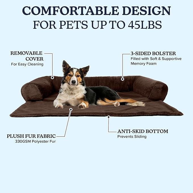 PETMAKER Couch Cover for Dogs Washable - 36x36in Plush Dog Couch Cover Protector for Medium Pets - Washable Pet Furniture Protector with Foam Bolster and Non-Slip Bottom - Puppy Essentials (Brown)